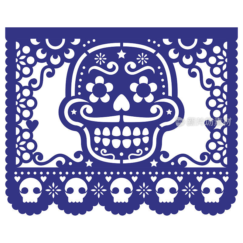 墨西哥糖骷髅矢量纸装饰- Papel Picado设计的万圣节，Dia de Los Muertos，亡灵节